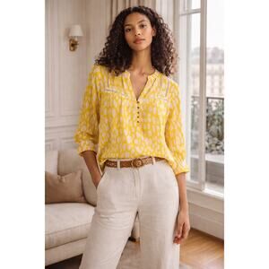 ANTHROPOLOGIE Dolan Flowering Fields 100% Silk Blouse Yellow Airy Size Large